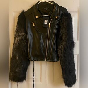 Fashion Nova Black Leather Jacket with Faux Fur Sleeves